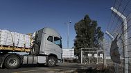 A truck carrying humanitarian aid for the Gaza Strip enters to Kerem Shalom Crossing in southern Israel, Tuesday May 20, 2025