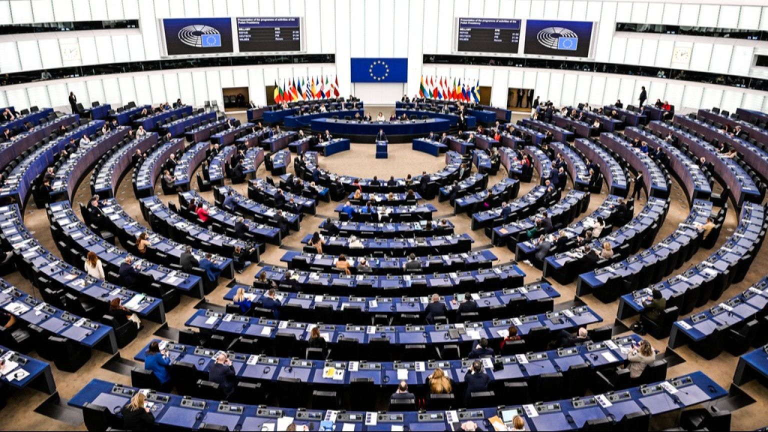 European lawmakers gather during a session in the European Parliament, Wednesday, Jan. 22, 2025 in Strasbourg, eastern France