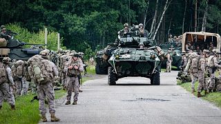 Military armored vehicles take part in the Baltops 2024 exercise in the Baltic Sea region, June 16, 2024. 