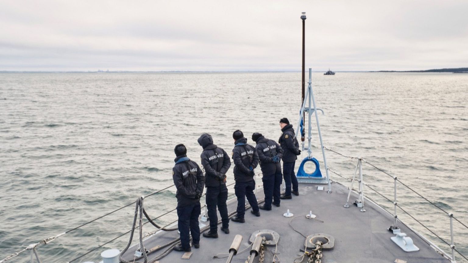 An Estonian naval ship sails in the Baltic Sea on Thursday, Jan. 9, 2025, as part of stepped-up NATO patrols in the region following suspected sabotage of undersea cables. 