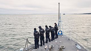 An Estonian naval ship sails in the Baltic Sea on Thursday, Jan. 9, 2025, as part of stepped-up NATO patrols in the region following suspected sabotage of undersea cables. 