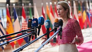 FILE: EU foreign policy chief Kaja Kallas speaks with the media as she arrives for a meeting of EU defence ministers at the European Council building in Brussels, 20 May 2025