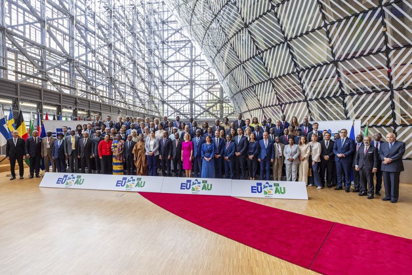 European and African foreign ministers pose for a group photo at the European Union-African Union ministerial meeting in Brussels, Wednesday, May 21, 2025. (AP Photo/Geert Van