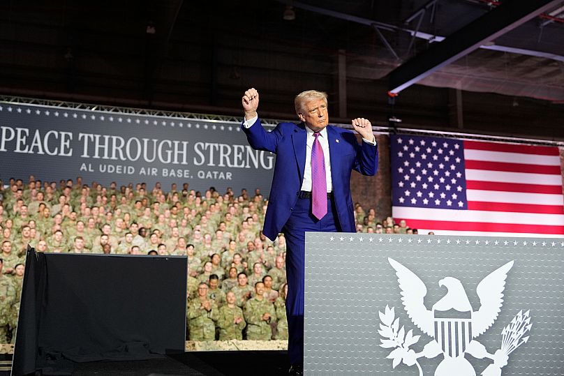 President Donald Trump gestures at the Al Udeid Air Base in Qatar, 15 May, 2025