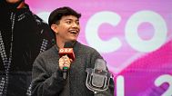 JJ from Austria laughs during a press conference in Vienna, Austria, on Sunday, May 18, 2025.