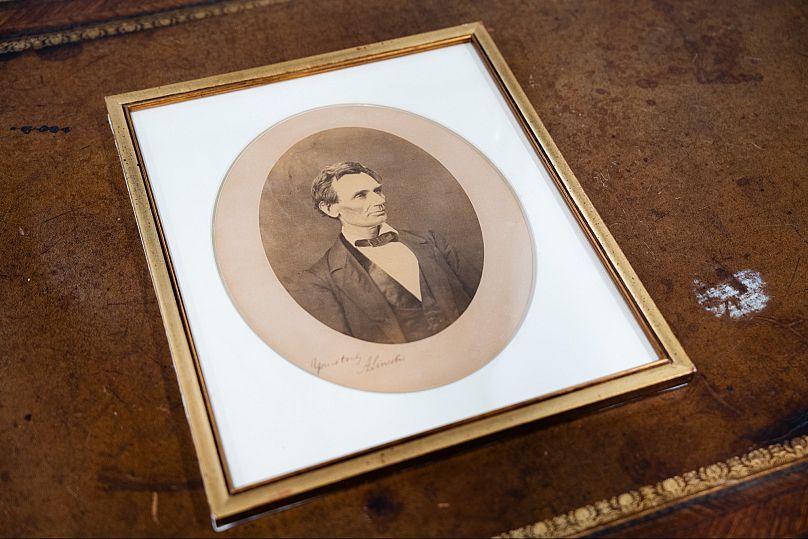 A portrait of Abraham Lincoln, which was signed by him and taken by Alexander Hesler, on display at Freeman's | Hindman in West Loop, Chicago