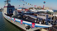 Kim Jong-un and his daughter attend a launching ceremony at a western port in Nampo, North Korea, on 25 April, 2025.
