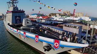 Kim Jong-un and his daughter attend a launching ceremony at a western port in Nampo, North Korea, on 25 April, 2025.