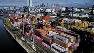 Containers are pictured at a cargo terminal in Frankfurt, Germany, Thursday, May 22, 2025.