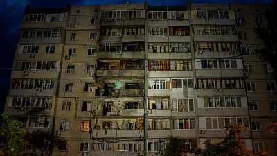 Damage is seen to a residential building after a Russian attack in Kyiv, Ukraine, Saturday, May 24, 2025 (AP Photo/Alex Babenko)