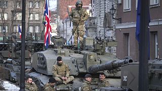 Britain's Challenger 2 tank parked in the old town ahead of a military parade during celebrations of the 107th anniversary of the Republic of Estonia, in Tallinn, Feb 24