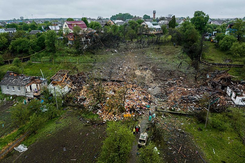 A view of residential houses destroyed by a Russian strike in Korostyshiv, 25 May, 2025
