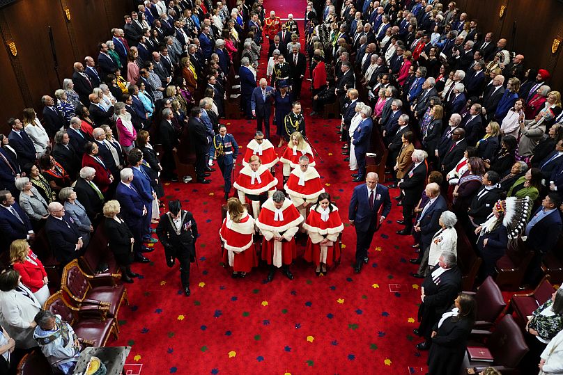 King Charles and Queen Camilla arrives to the Senate ahead of the King delivering the speech from the throne in the Senate in Ottawa, Canada, on Tuesday, May 27, 2025.