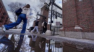Pedestrians walk through the gates of Harvard Yard at Harvard University, 26 February, 2025