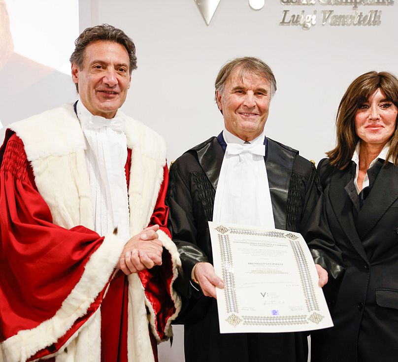 Brunello Cucinelli receives his architecture award, honoured for restoring his Umbrian hometown and its surrounding heritage