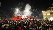 Supporters of the left-wing Vetevendosje! party celebrate following results of a parliamentary election in Pristina, 10 February, 2025