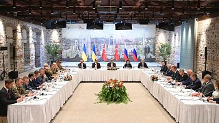 Russian and Ukrainian delegations attend talks at the Dolmabache palace, in Istanbul, Turkey, Friday, May 16, 2025. (Ramil Sitdikov, Sputnik Pool Photo via AP)