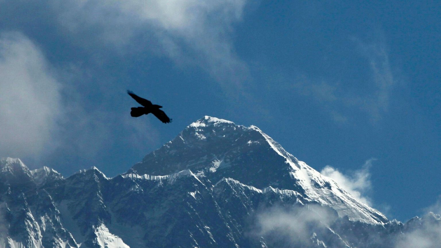 A bird flies in the backdrop of Mount Everest as seen from Namche Bajar, 27 May, 2019