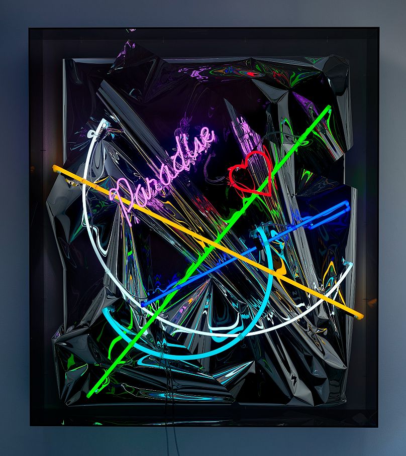 Anselm Reyle, Untitled, 2023, Mixed media, neon, cable, acrylic and glass.