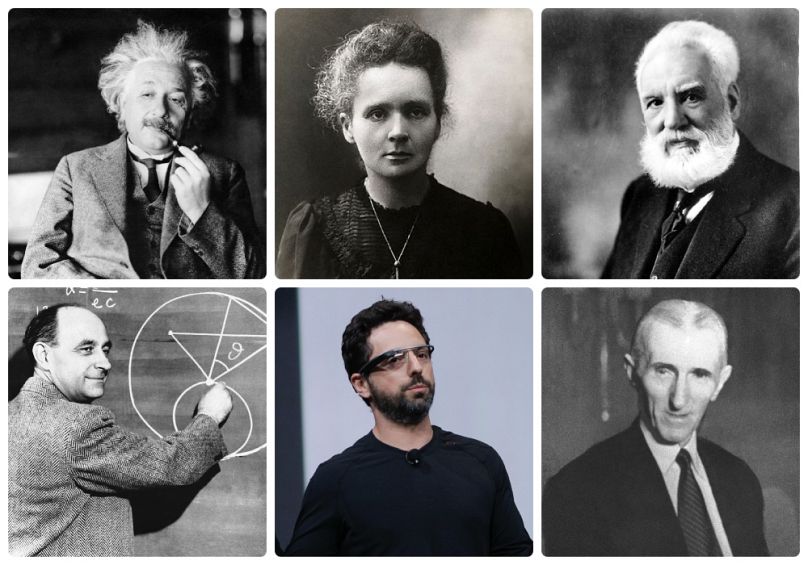Albert Einstein, Maria Skłodowska-Curie, Alexander Graham Bell, Enrico Fermi, Segey Brin, Nikola Tesla 