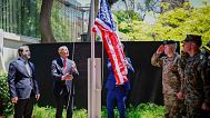 US Ambassador to Turkey and Special Envoy to Syria Tom Barrack raises the American flag at the US ambassador's residence in Damascus, Syria, Thursday, May 29, 2025