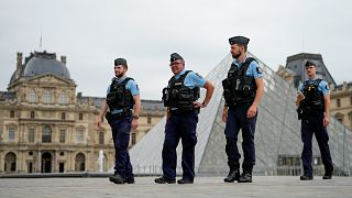 French police patrol a square near the Louvre in Paris, France, ahead of the opening ceremony of the 2024 Summer Olympics,  26 July 2024. 