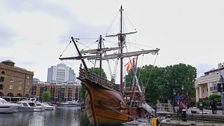 The 93ft Nao Santa Maria a replica of the boat sailed on by Christopher Columbus, anchored at St Katharine Docks in London, Thursday, May 29, 2025.