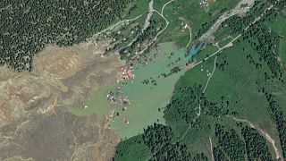 This satellite image provided by Maxar Technologies shows the aftermath of a mudslide in Blatten, 30 May, 2025
