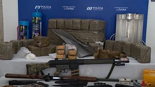 Police display drugs seized in a bust in Evora, 30 May, 2025