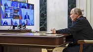 Russian President Vladimir Putin chairs a Security Council meeting by videoconference at the Kremlin in Moscow, Russia,