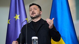 Ukraine's President Volodymyr Zelenskyy gestures during a news conference at the chancellery in Berlin, Germany, Wednesday, May 28, 2025.