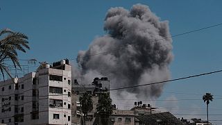 Smoke rises to the sky following an Israeli airstrike in Gaza City, Friday, May 30, 2025.