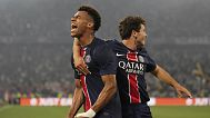 PSG's Desire Doue celebrates after scoring his side's second goal during the Champions League final soccer match between Paris Saint-Germain and Inter Milan at the Allianz Are