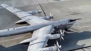 A Russian Tu-95 bomber taxies before takeoff at an airbase in Russia, Thursday, July 8, 2021