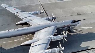 A Russian Tu-95 bomber taxies before takeoff at an airbase in Russia, Thursday, July 8, 2021