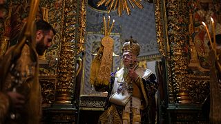 Ecumenical Patriarch Bartholomew I leads the service of the Graveside Lamentation at the Patriarchal Church of St. George, in Istanbul, Turkey, Friday, April 18, 2025.