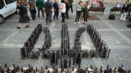 Over 800 FPV drones placed in the shape of Ukraine's state emblem, the trident, are seen in central Lviv, western Ukraine, Friday, May 10, 2024. 