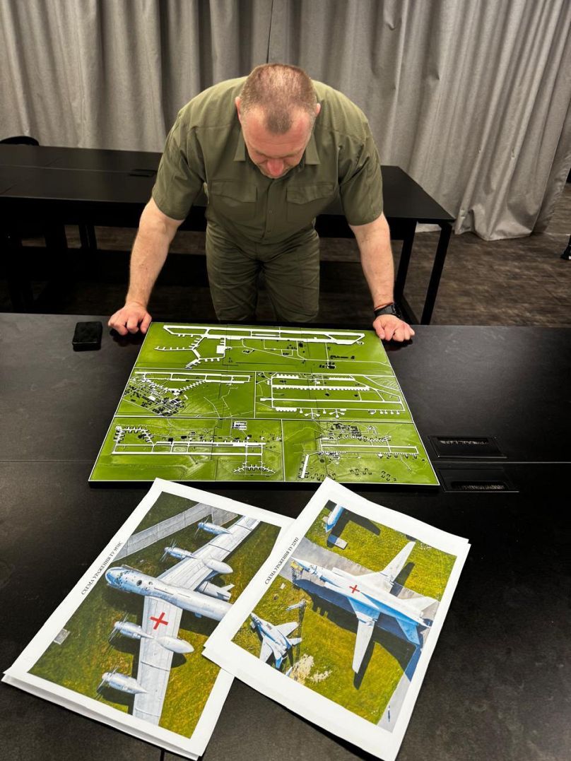 SBU head General Vasyl Malyuk looking at the photos of Russian bombers and the airfields. 