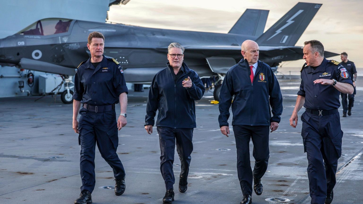 Britain's Prime Minister Keir Starmer, centre left, and Defence Secretary John Healy, centre right, on HMS Prince of Walesin Plymouth England, April 24, 2025.