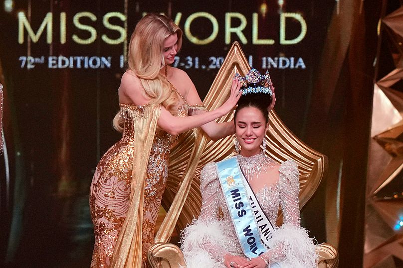 Krystyna Pyszkova of Czech Republic, left, crowns her successor Opal Suchata of Thailand - 31 May 2025