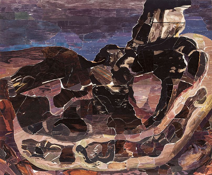 ΜΑΡΤΙΝΟΣ ΓΑΒΑΘΑΣ Επιστροφή στις ρίζες, 2008 • ακρυλικό, παστέλ, κολάζ και κολάζ ξυλογραφίας κολλημένο σε ξύλο, 100x120 εκ. • συλλογή του καλλιτέχνη