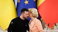 Ukrainian President Volodymyr Zelenskyy talks with EU Commission President Ursula von der Leyen during meeting with media at Mariinsky Palace in Kyiv, Ukraine.