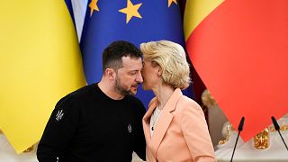 Ukrainian President Volodymyr Zelenskyy talks with EU Commission President Ursula von der Leyen during meeting with media at Mariinsky Palace in Kyiv, Ukraine.