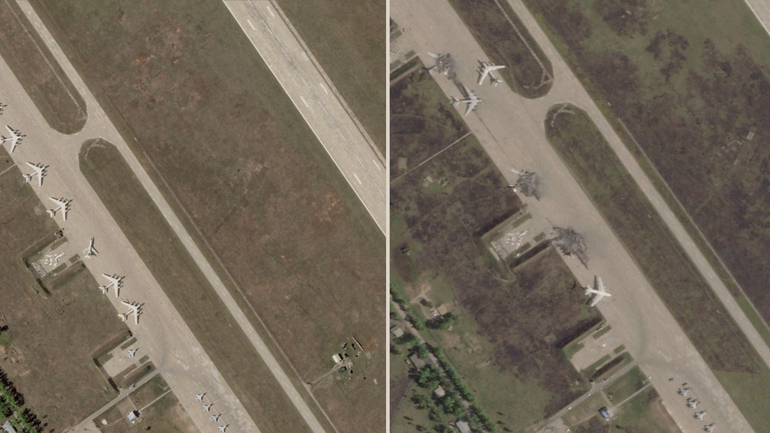 This photo combo from satellite images from Planet Labs PBC shows from left, the Belaya Air Base before an after drone attack in the Irkutsk region of eastern Siberia
