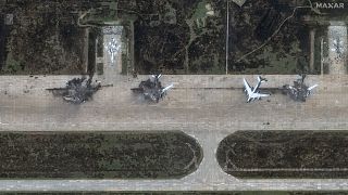 This satellite image provided by Maxar Technologies shows damage after a Ukrainian drone attack targeted the Belaya Air Base in eastern Siberia, 4 June, 2025