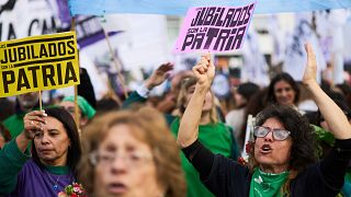 Anti-government demonstrators rally during a weekly protest demanding better pensions for retirees, in Buenos Aires, Argentina, Wednesday, June 4, 2025.