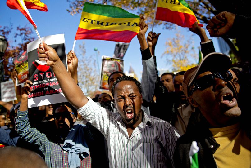 محتجون يتظاهرون في أتلانتا، السعودية في 18 نوفمبر/تشرين الثاني 2013، تنديدًا بتعامل السعودية مع العمال الإثيوبيين.