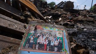 Residential houses are seen destroyed after a Russian drone strike in Pryluky village, Ukraine, Thursday, June 5, 2025. 