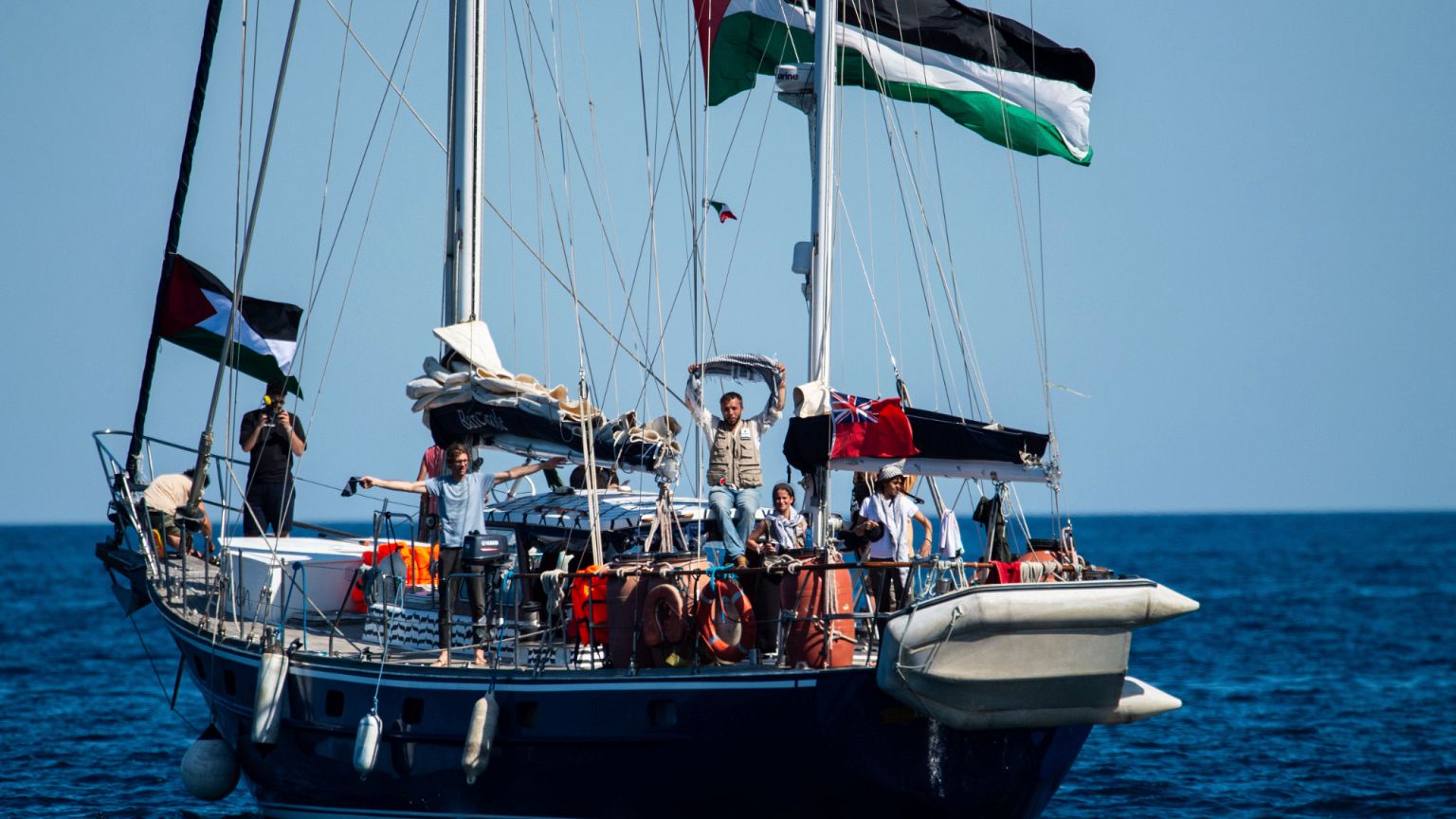 Activists of the Freedom Flotilla Coalition before setting sail for Gaza from the Sicilian port of Catania, 1 June, 2025