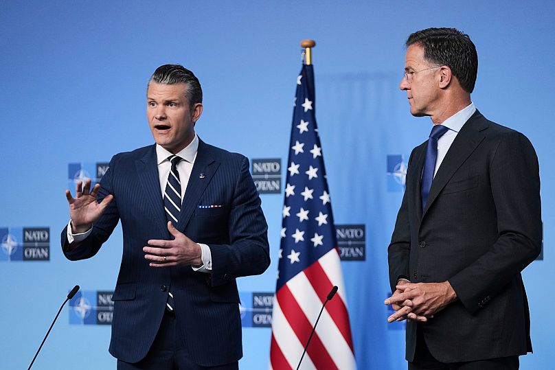 Defence Secretary Pete Hegseth and NATO Secretary General Mark Rutte deliver statements ahead of a meeting of NATO defence ministers in Brussels, 5 June, 2025